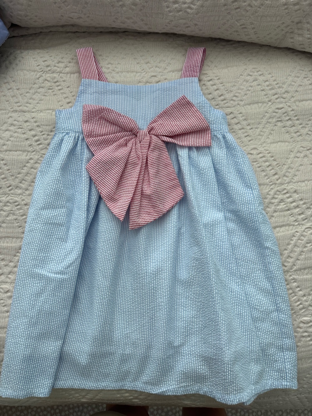 Girls Light Blue Seersucker Dress Top with Pink Bow